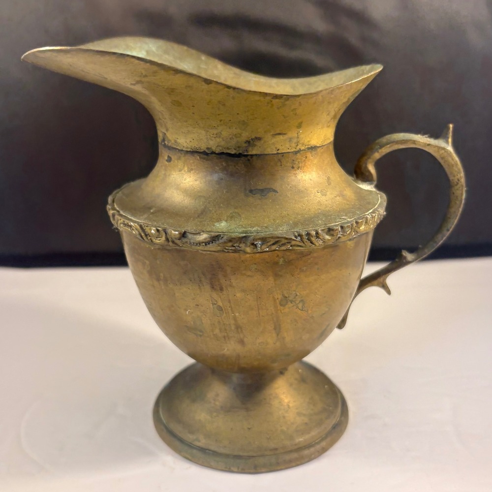 Vintage Brass Pitcher Small Footed Creamer with Aged Patina 5.5 Inch 12oz